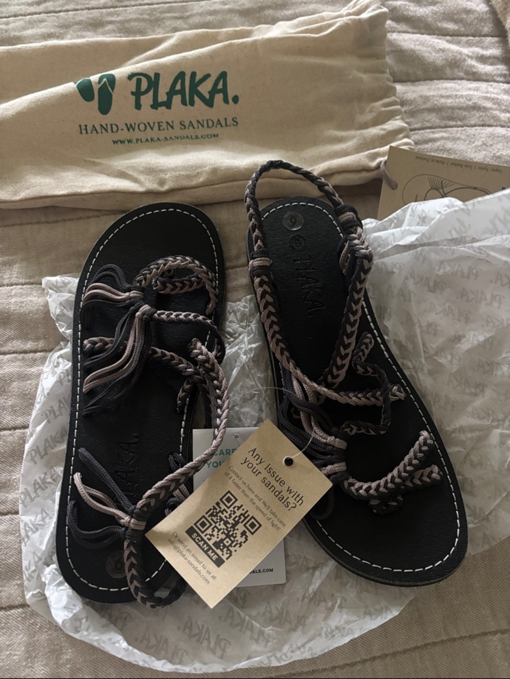 Plaka Women's Black Sandals with Brown Braided Straps
